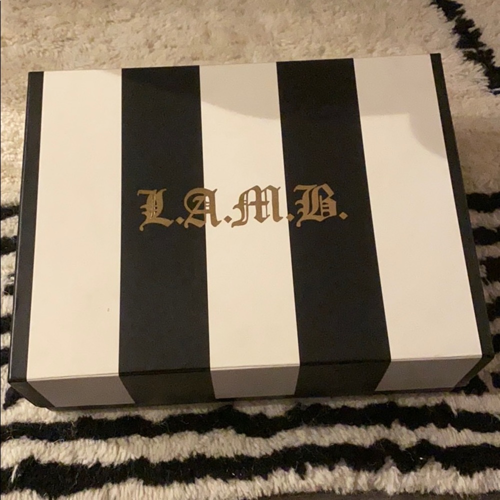 L.A.M.B. White leather open toed pumps